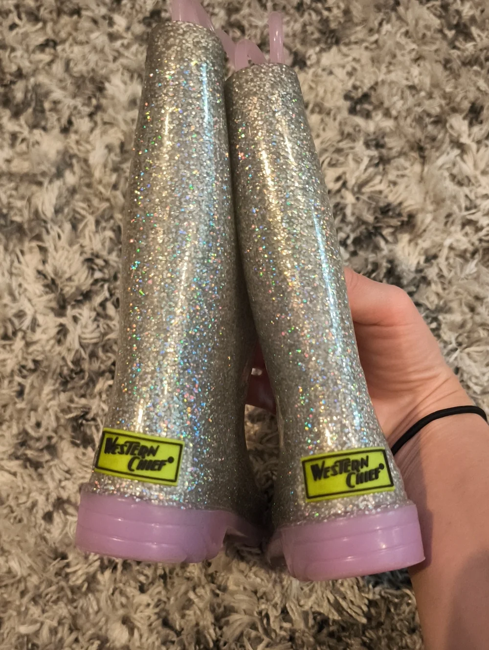 Sparkly Silver Glitter Light Up Kids Rain Boots with Pink Soles & Handles